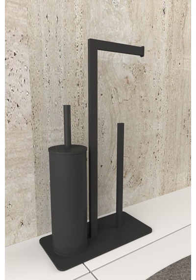 Aju Tuvalet Kağıtlığı Yedekli Tuvalet Fırçası Standı Metal Ağır Devrilmez Modern Wc Kağıtlık Tutacağı Siyah