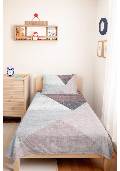 Geometrik Gri Genç Odası Tek Kişilik Pike Takımı - Pudra Modern 160x220 Cm Kapitone Yatak Örtüsü Masalsı Örtü Uyumu