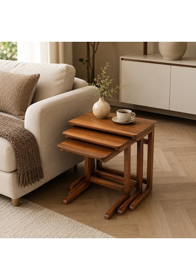 Ganni Home C 3 Lü Zigon Sehpa Seti Ceviz Ceviz Gürgen İskeletli, İç İçe Geçebilen Modern C Tasarım