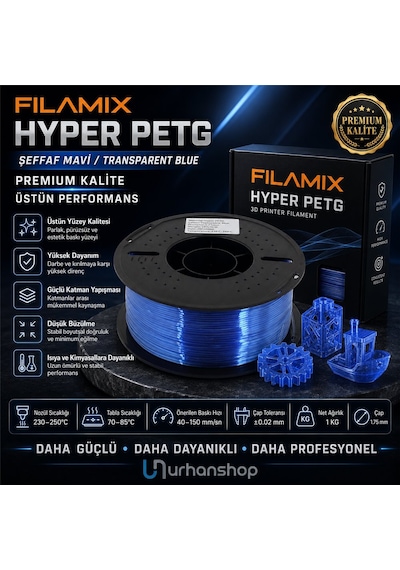 Filamix Hyper Petg Şeffaf Mavi Filament 1.75mm 1kg Plastik Makara