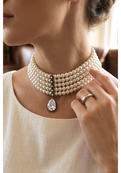 Zirkon Taşlı Su Damlası Sallantılı Choker Tasma İnci Kolye Beyaz 59495113