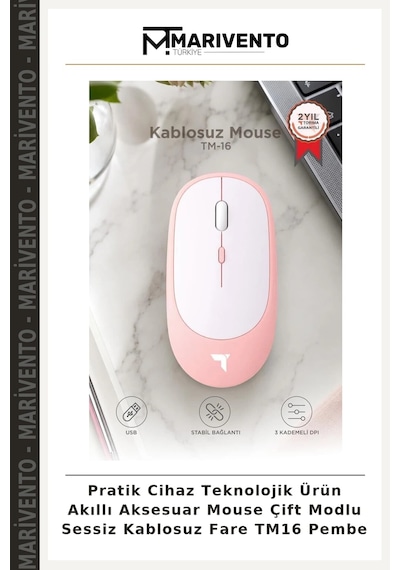 Pratik Cihaz Teknolojik Ürün Akıllı Aksesuar Mouse Çift Modlu Sessiz Kablosuz Fare Tm16 Pembe