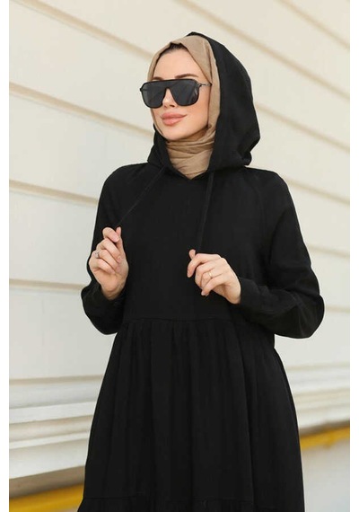 Neways 6531-Krep Kapüşonlu Reglan Kollu Elbise Siyah
