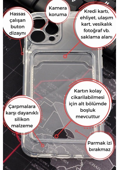 Apple Uyumlu iPhone 12 Pro Kredi Kartlıklı Şeffaf Kılıf Kamera Korumalı