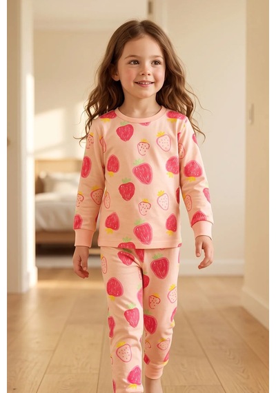 Zuzunga Kız Çocuk Strawberry - Çilek Desenli Uzun Kollu Pijama Takımı Pembe