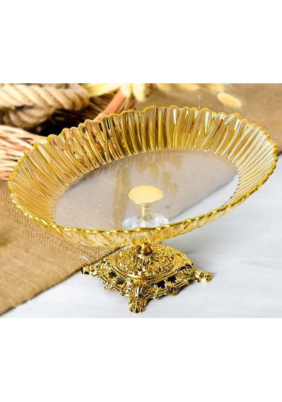Elta Collection Aurora Oval Gold Ayaklı Cam Servis Tabağı Sunumluk 25 35 Cm Ayaklı Tabak Sarı