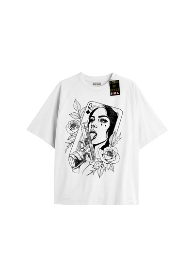 Flood Of Style Beyaz Oversize T-shirt Kadın Çiçek Gözyaşı Özel Tasarım