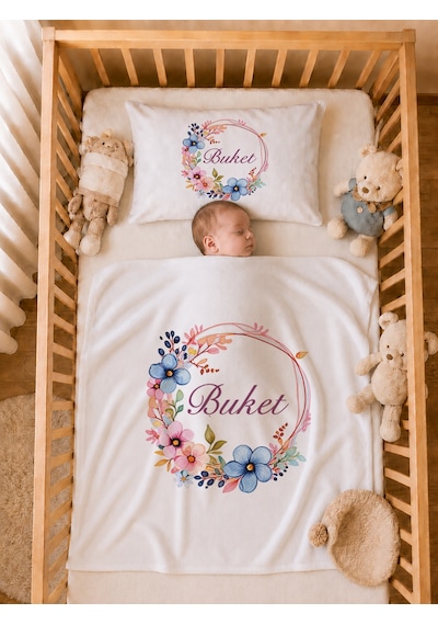 İsme Özel Kız Bebek Battaniye 80x80 Cm Ve Yastık Kılıfı 35x45 Cm %100 Pamuk Organik Baskılı Bebek Seti Bebek Hediyesi 1036yb Krem