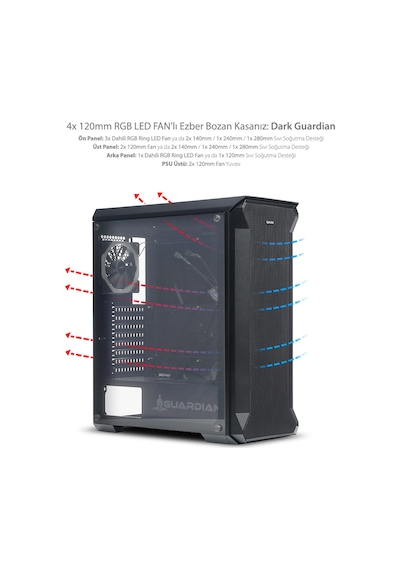 Dark Guardian 4X12Cm Dual Rgb Fan Usb3.0 T-Glass Atx Oyuncu Kasas