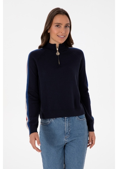 U.S. Polo Assn. Kadın Lacivert V Yaka Fermuarlı Kazak 50314691-VR033