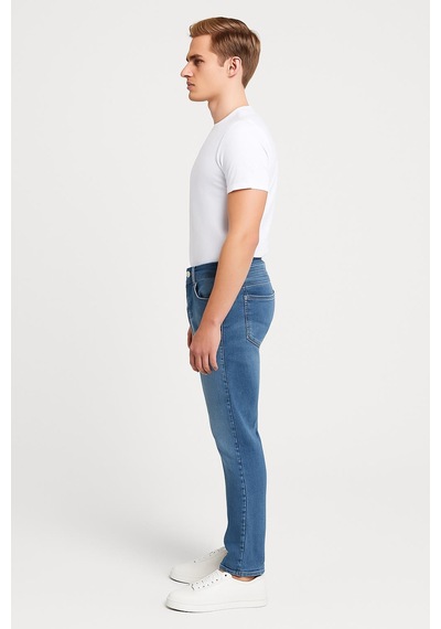 Erkek Slim Fit Dar Paça Esnek Likralı Denim Jeans Kot Pantolon - 7408 Buz Mavi