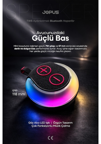 Jopus Rgb Led Işıklı Askı Kayışlı Ipx5 Bluetooth Hoparlör 7w Güçlü Ses 1200 Mah, Usb Tf Destekli - S12