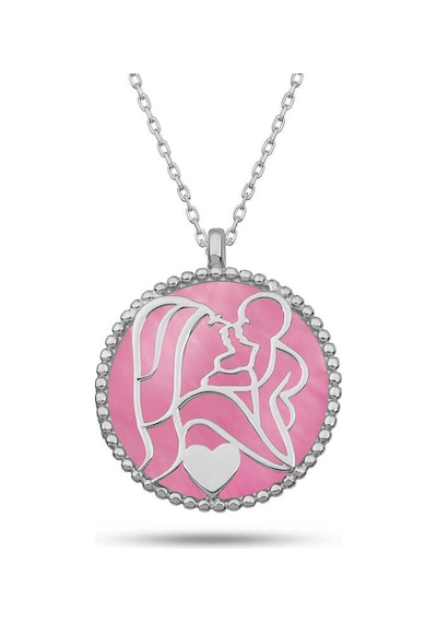 Gümüş Pembe Sedef Taşlı Anne Çocuk Sevgisi Kolye Sl12082