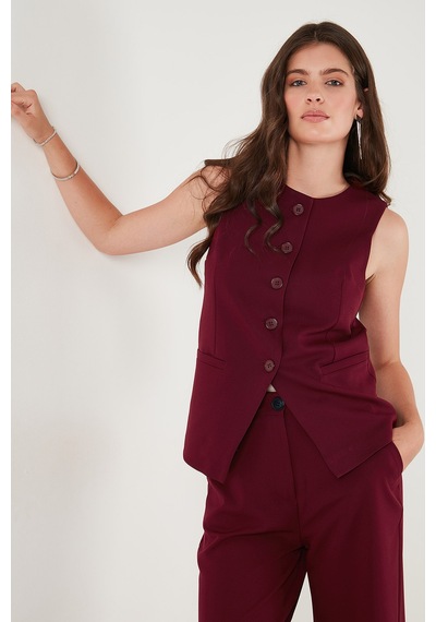Lela Regular Fit Bisiklet Yaka Kolsuz Düğmeli Basic Bluz Bayan Yelek 65200004 Bordo