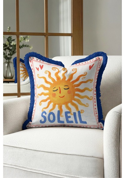Bohem İtalyan Soleil Güneş Saçaklı Yastık Kılıfı - Retro Sarı Mavi Lacivert Püsküllü Kırlent Kılıfı Sessiz Atlas Serenat