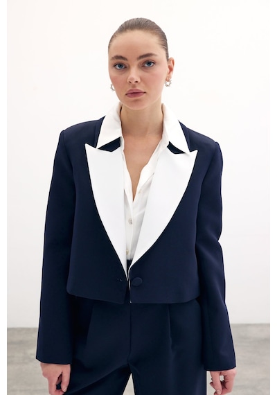 Sateen Kontrast Kısa Ceket - Lacivert-134449 Lacivert