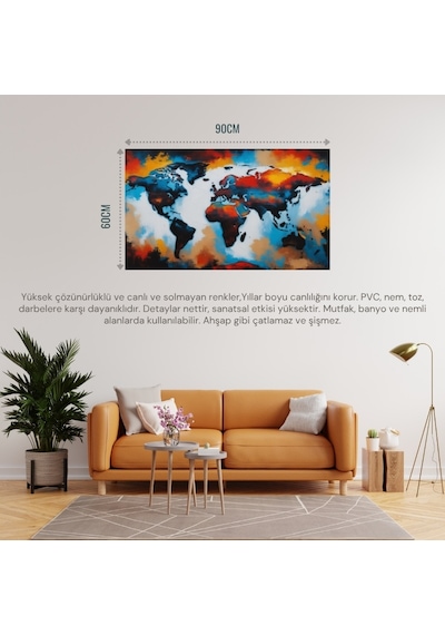 Dünya Harita Tablosu 04 Çerçevesiz 90x60cm Pvc Tablo