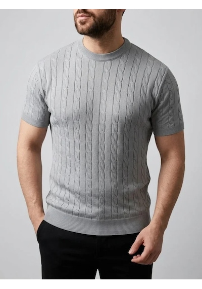 Oada Erkek Yazlık Triko Dokuma Tişört Kısa Kol Bisiklet Yaka Örgü Desenli T-shirt - Gri