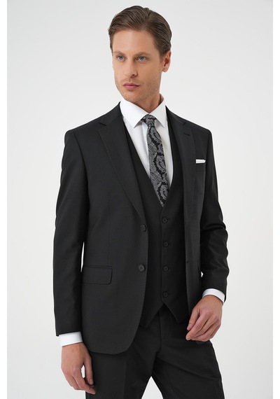 Efor Slim Fit Düz Esnek Yelekli Klasik Siyah Takım Elbise Tk 894 Siyah