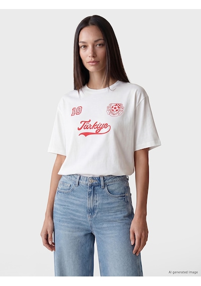 Lc Waikiki Beyaz Türkiye Baskılı Oversize Kadın Tişört