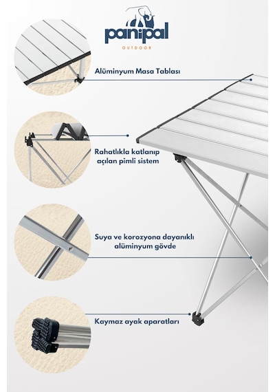 Panipal Alüminyum, Katlanabilir Kamp Ve Piknik Masası, Taşıma Çantalı S Gri