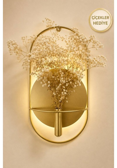 Gold Aplik Model Çiçeklik 1 Adet + Cipso Çiçek 1 Adet , Modern Dekoratif Duvar Dekoru Gold - 699584521