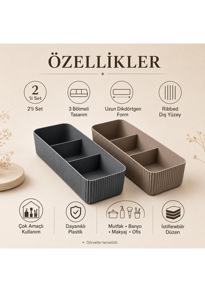 2'li 3 Bölmeli Uzun Dikdörtgen Organizer Seti, Çok Amaçlı Düzenleyici Belirtilmemiş