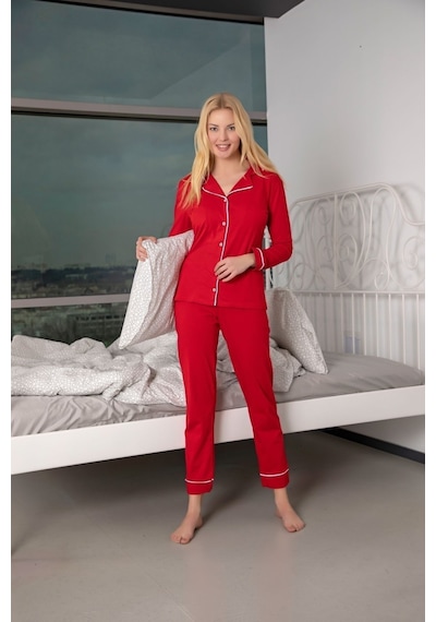 Siyah İnci Kadın Pamuklu Düğmeli Biyeli Pijama Takımı Kırmızı