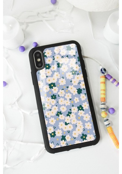 Apple Uyumlu iPhone X - Xs Uyumlu Daisy Pattern Tasarımlı Glossy Telefon Kılıfı Siyah