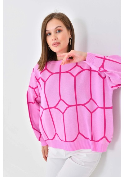 Park Karon Kadın Bisiklet Yaka Desenli Oversize Triko Kazak 224403 Pembe