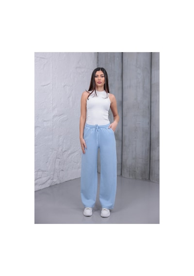Myrab Denim Kadın Mavi Baggy Keten Pantolon Lastikli Bel Bağcıklı Rahat Geniş Paça Yazlık Pantolon
