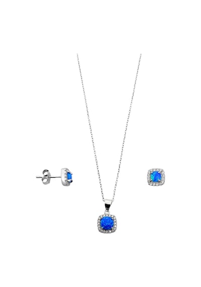 Oya Silver Mini Kare Beyaz Işıltı Çevrili Opal Gümüş Kadın Kolye Küpe Set