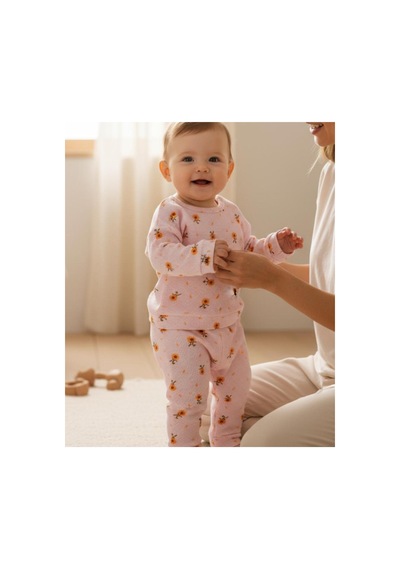 Altıntaş Baby Papatya Desenli Waffle Kumaş Oversize 2'li Kız Bebe Takımı Pembe Pembe