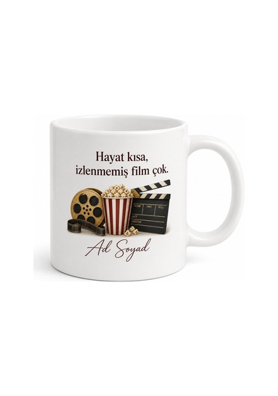 Sinema Sever İçin Mesajlı Hediyelik Baskılı Kupa Bardak Film Gecesi Hediyesi Beyaz / Çok Renkli