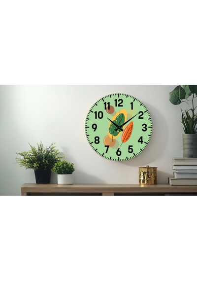 Dekoratif Türkçe Rakamlı Uv Baskılı Duvar Saati Sessiz Akar Mekanizma 40cm Metal Akrep Yelkovan Yeşil