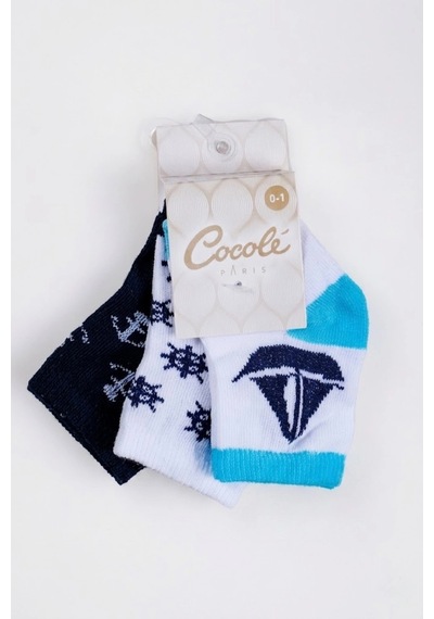 Cocole Socks Erkek Çocuk Soket Çorabı 3 Lü Set Pamuklu Dümen & Yelkenli & Çapa Desenli Çok Renkli