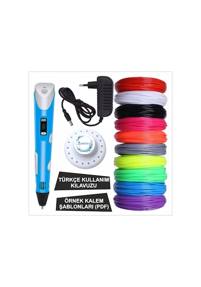 Mavi Renk 3d Kalem + 10 Renk Toplam 50 Metre Pla Filament + Şablon