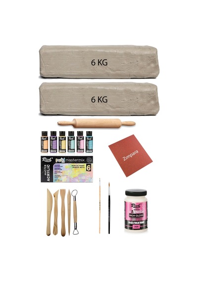 Beyaz Seramik Hamuru 12 Kg Kil Ebeşuar Seti Mastermix Pastel Akrilik Set Parlak Vernik Ahşap Merdane