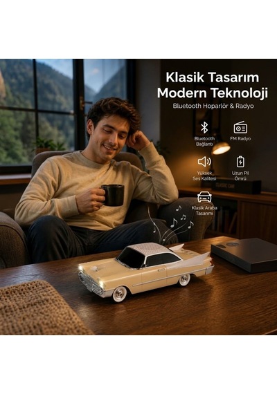 Buffer Retro Klasik Araba Bluetooth Hoparlör, Işıklı Nostaljik Radyo, Uzun Gövdeli Klasik Otomobil Tasarımlı
