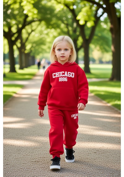 Ersefa Chicago 1886 Kapüşonlu Oversize Sweatshirt Ve Eşofman Altı Takımı Kırmızı