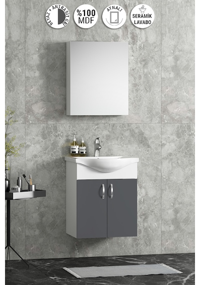 Yıldız 50 Cm Antrasit Gri Mdf Seramik Lavabolu Asma Banyo Dolabı Takım Beyaz-antrasit Gri Mat