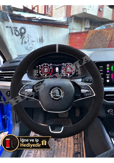 Skoda Karoq Dikme Direksiyon Kılıfı Full Alcantara Süet Gri Yüzük Ve Gri Dikiş 2022-2026 Siyah