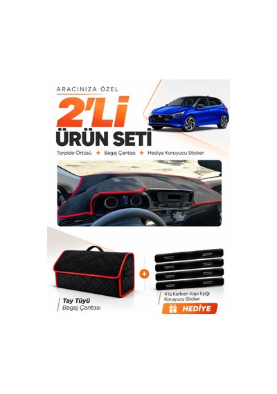 E-biz Hyundai İ20 2020-2024 Uyumlu Torpido Örtüsü + Tay Tüyü Bagaj Çantası - Siyah-kırmızı - Hu003