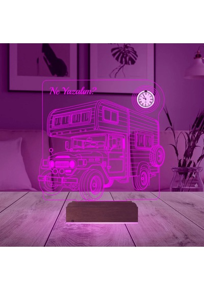 Luvivia Karavan Kamp Kamping Outdoor Tasarım Kişiye Özel Metal Saatli 3d Lamba - Masa Gece Lambası Şeffaf