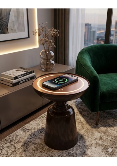 Missidea Aura Kablosuz Şarjlı Led Işıklı Akıllı Yan Sehpa Kahverengi