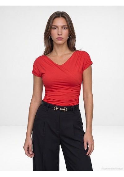 Dilvin 33157 Bra-free Drapeli V Yaka Top Kırmızı