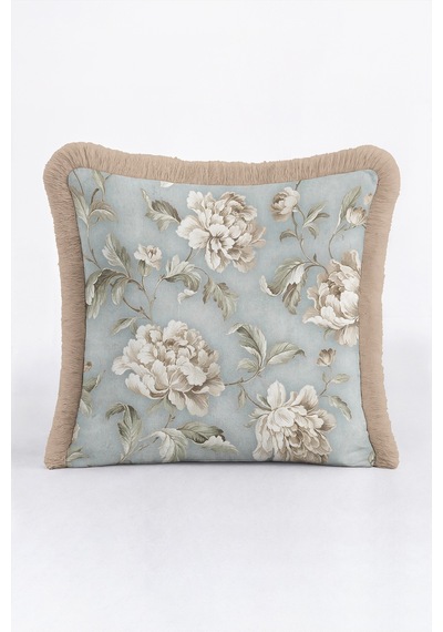Çiçek Vintage Şakayık Saçaklı Yastık Kılıfı - Romantik Floral Vizon Krem Püsküllü Kırlent Kılıfı Haki