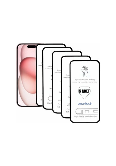 Bzontech Apple iPhone 15 Uyumlu İle Ekran Koruyucu Tam Kaplayan 5li Set