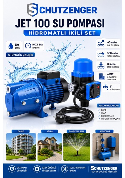 Otomatik Su Pompası 1.5 Hp Jet100p 1'' Parmak Hidrofor Pompa 45mt Dik Atar
