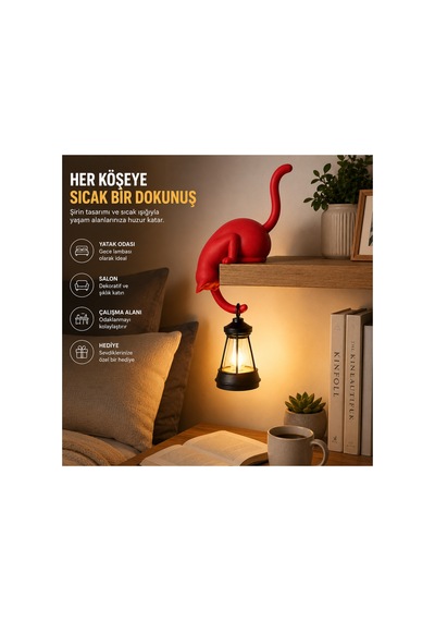 Modern & Şık - Minimalist Kedi Tasarımlı Dekoratif Raf Lambası Gece Lambası Açık 22618430
